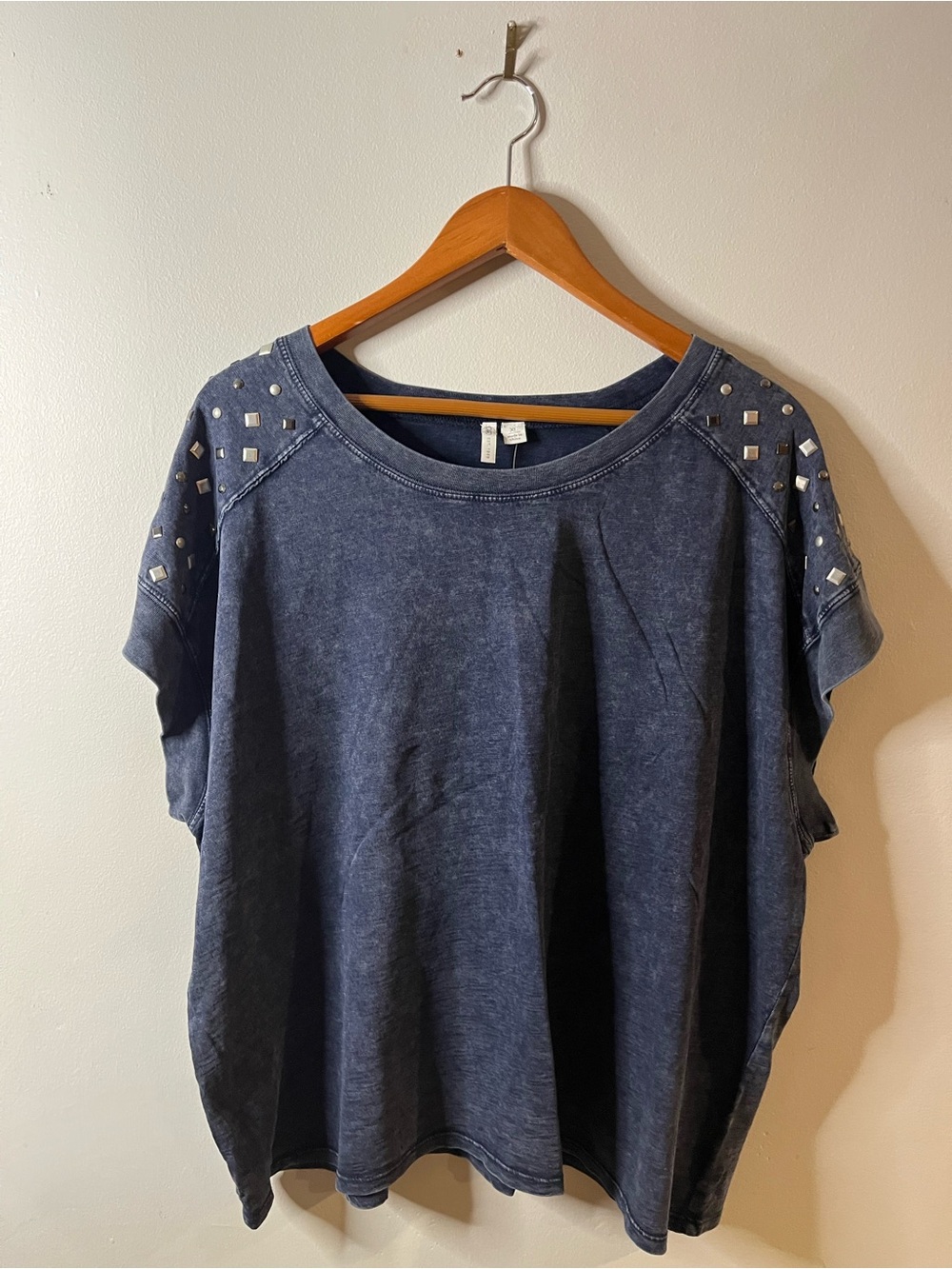 Cato Washed Navy Short Sleeve Top with Shoulder Studs